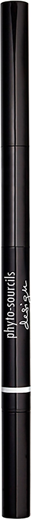 En svart eyeliner-penne med hvit skrift og sølvring, står oppreist.