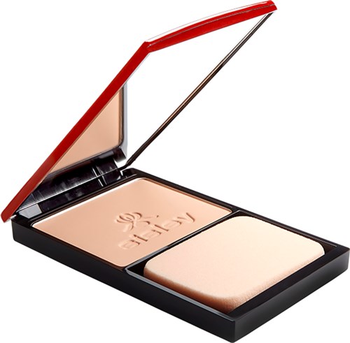 En sminkkompakt med speil, som inneholder pudder og blush-seksjoner, åpnet og viser produktet inni.