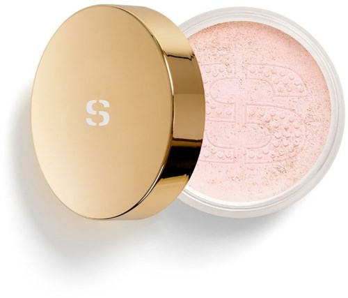 A round container of pink powder with a gold lid showing a white logo.