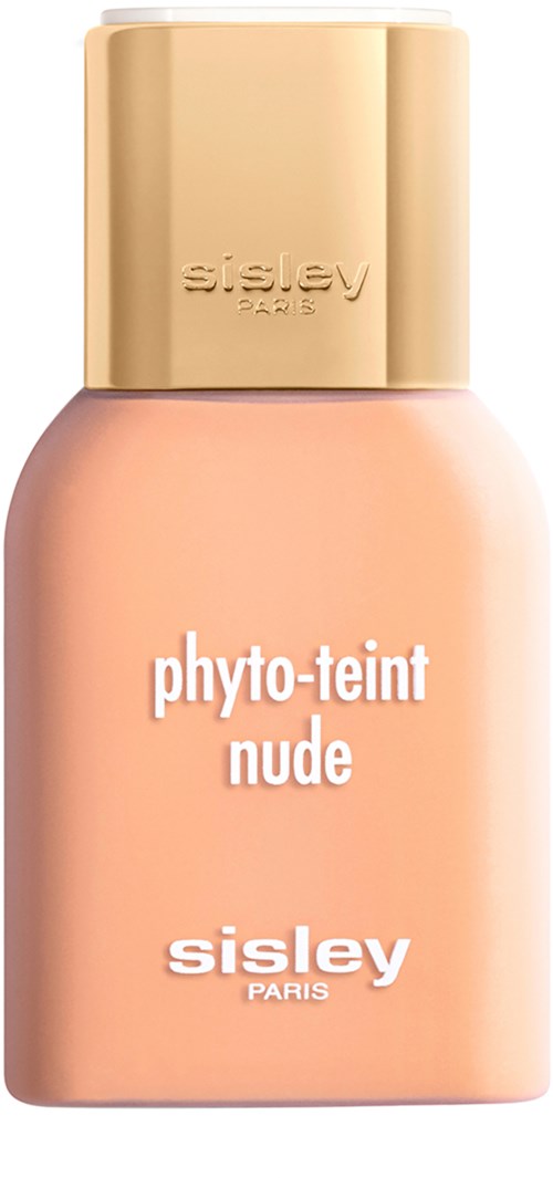 Aprikosfarget flaske med gullhette, merket 'phyto-teint nude' av Sisley Paris.