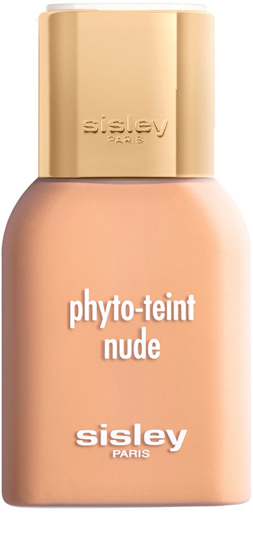 A bottle of Sisley Paris foundation named 'phyto-teint nude' with a beige cap.
