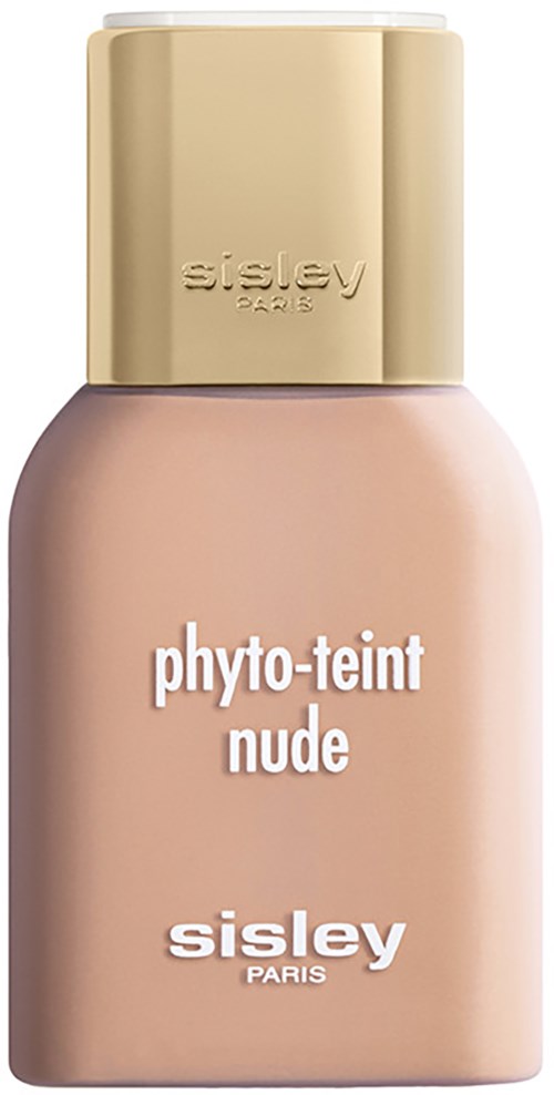 En beige og rosa flaske med Sisley hudfundament merket 'phyto-teint nude' med gullkork.