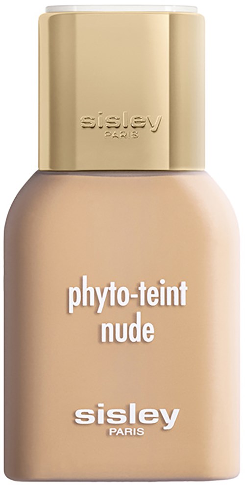 A beige bottle with a golden cap labeled 'sisley paris' and 'phyto-teint nude'.