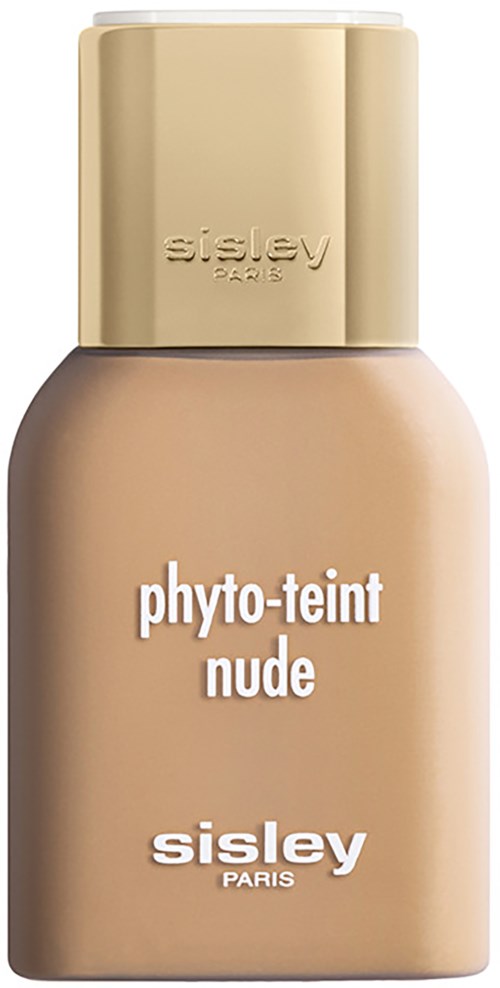 Bottle of liquid foundation in beige color with gold cap, labeled 'phyto-teint nude' from Sisley Paris.