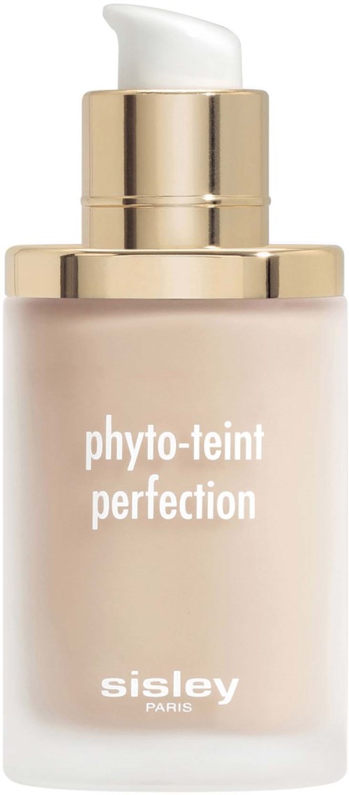 A bottle of makeup foundation with a pump, labeled 'phyto-teint perfection' by Sisley Paris.