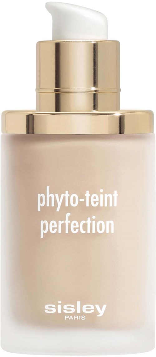 A beige bottle with a white pump, labeled 'phyto-teint perfection' by Sisley Paris.