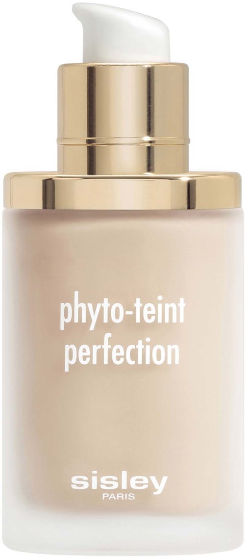 A beige bottle with a golden cap and pump, labeled "phyto-teint perfection" by Sisley Paris.