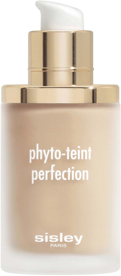 A beige bottle with a pump, labeled 'phyto-teint perfection' by Sisley Paris, for skin makeup or skincare.