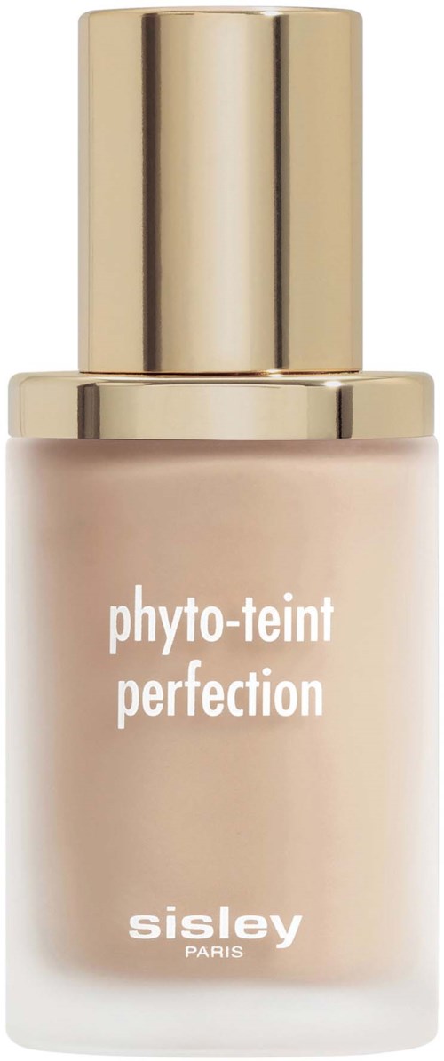 A beige liquid foundation bottle with a gold cap, labeled 'phyto-teint perfection' by Sisley Paris.