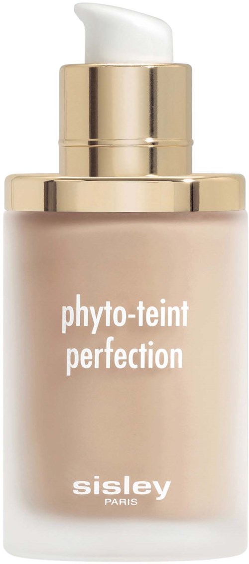 A beige cosmetic bottle with a pump and gold cap, labeled 'phyto-teint perfection' by Sisley Paris.