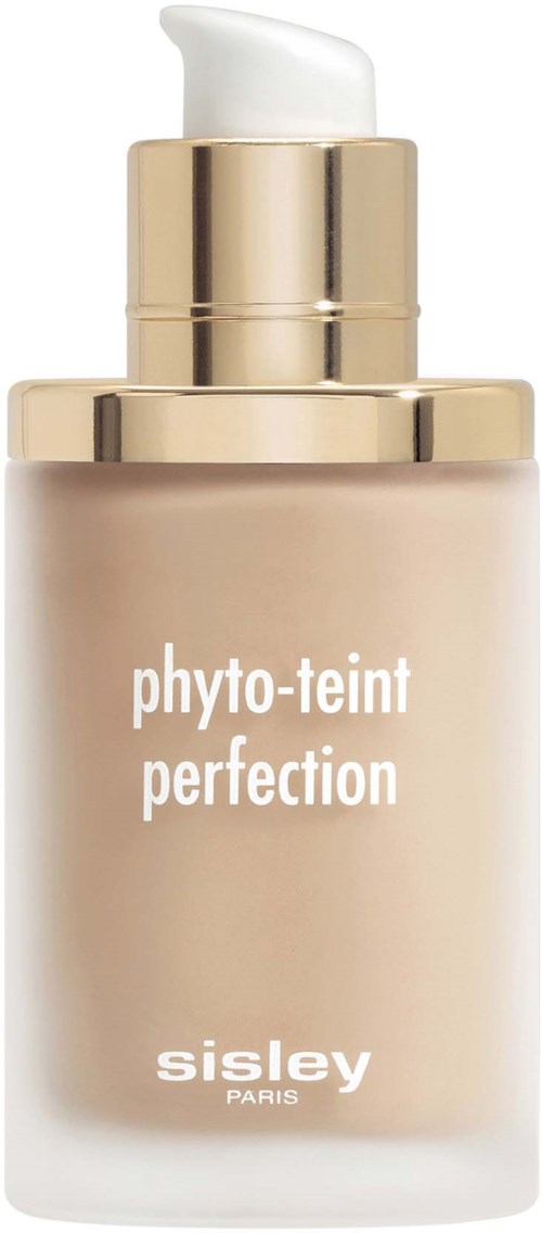 A beige foundation bottle with a gold cap and white pump, labeled 'phyto-teint perfection' by Sisley Paris.
