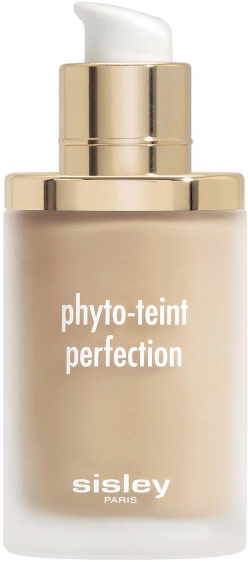 A beige bottle with a white pump labeled 'phyto-teint perfection' by Sisley Paris.