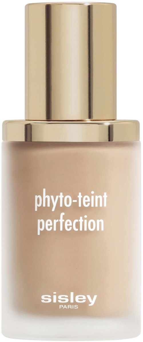 A beige liquid foundation bottle with a gold cap labeled 'phyto-teint perfection' by Sisley Paris.