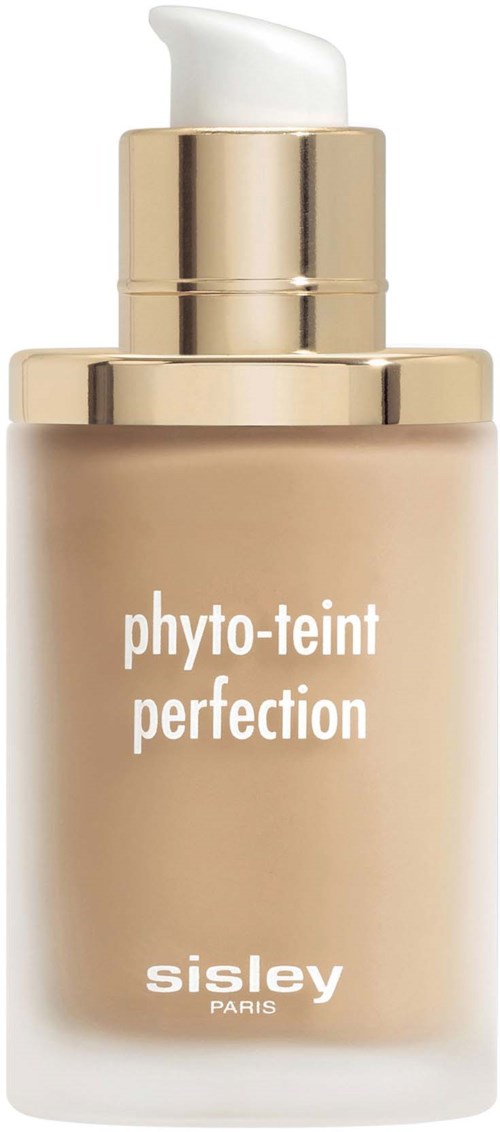 A beige bottle with a white pump, labeled 'phyto-teint perfection' by Sisley Paris.