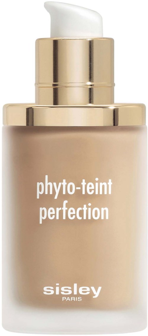 A beige cosmetic bottle with a white pump, labeled 'phyto-teint perfection' from Sisley Paris.