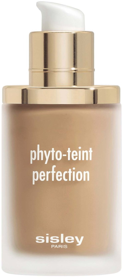 A beige bottle with a gold cap labeled "phyto-teint perfection" by Sisley Paris, with a pump dispenser.
