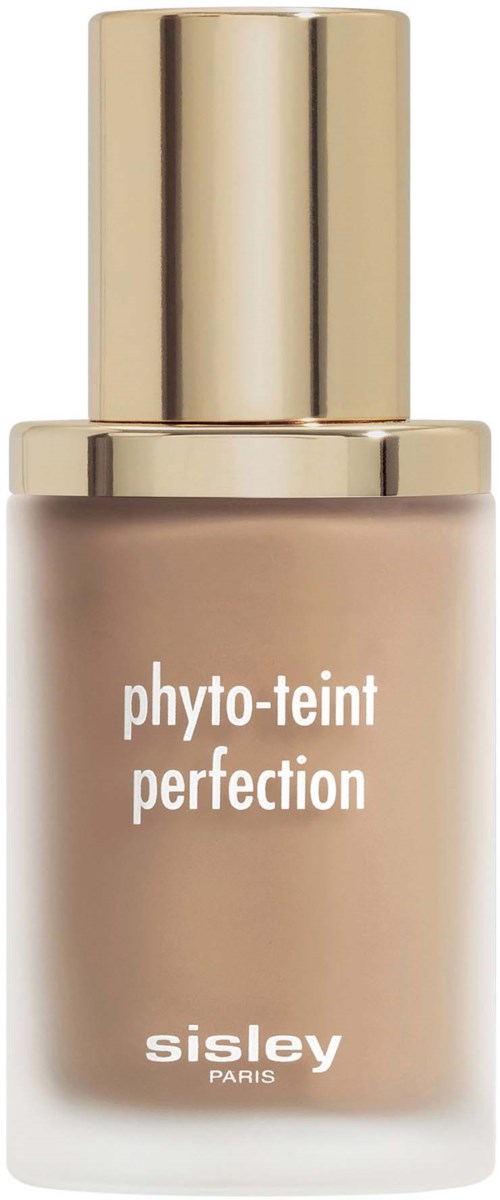 A beige bottle with a gold cap labeled 'phyto-teint perfection' by Sisley. It is a makeup product.