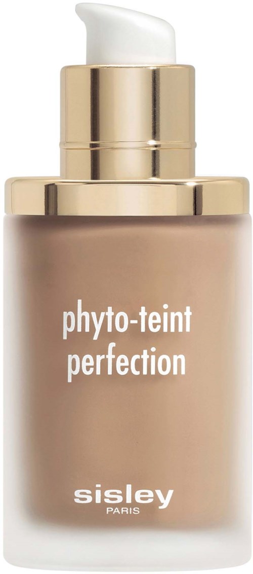 A beige bottle with a pump dispenser labeled 'phyto-teint perfection' by Sisley Paris.