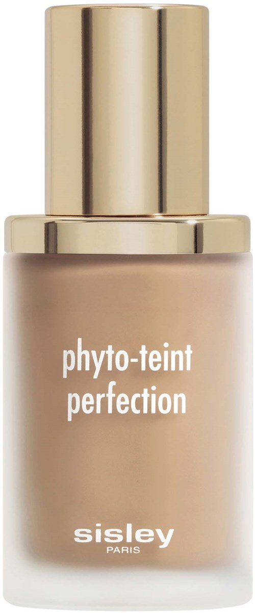 A beige bottle with a gold cap labeled 'phyto-teint perfection' by Sisley Paris, for makeup or skincare.