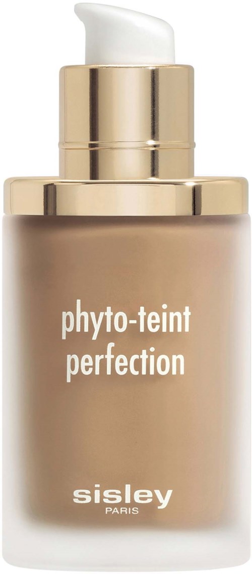 A beige pump bottle labeled 'phyto-teint perfection' by Sisley Paris, likely a foundation or skincare product.