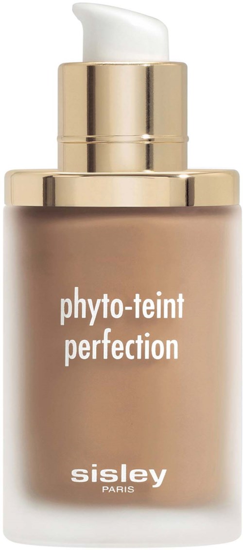 A beige bottle with a white pump and gold collar, labeled 'phyto-teint perfection' from Sisley Paris.
