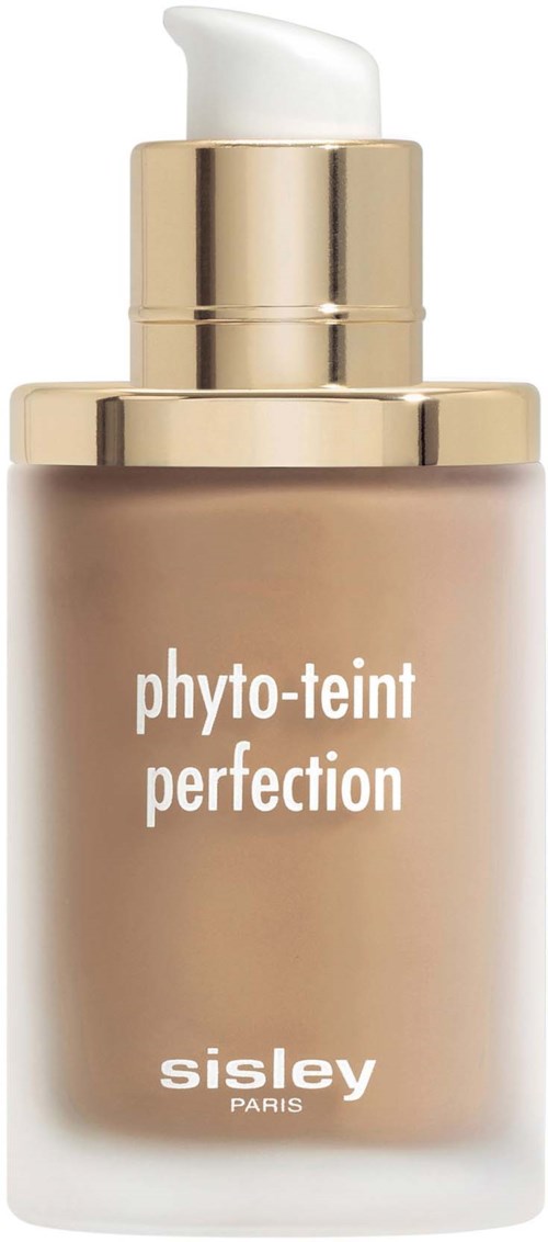 A beige bottle with a pump, labeled "phyto-teint perfection" by Sisley Paris, likely a foundation or makeup product.