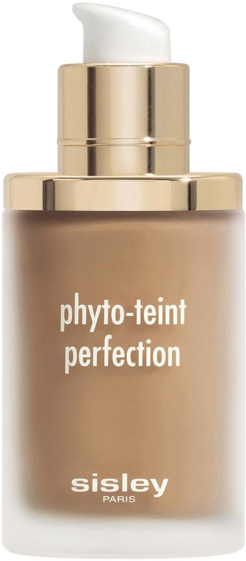 A beige bottle with a pump, labeled 'phyto-teint perfection' by Sisley Paris.