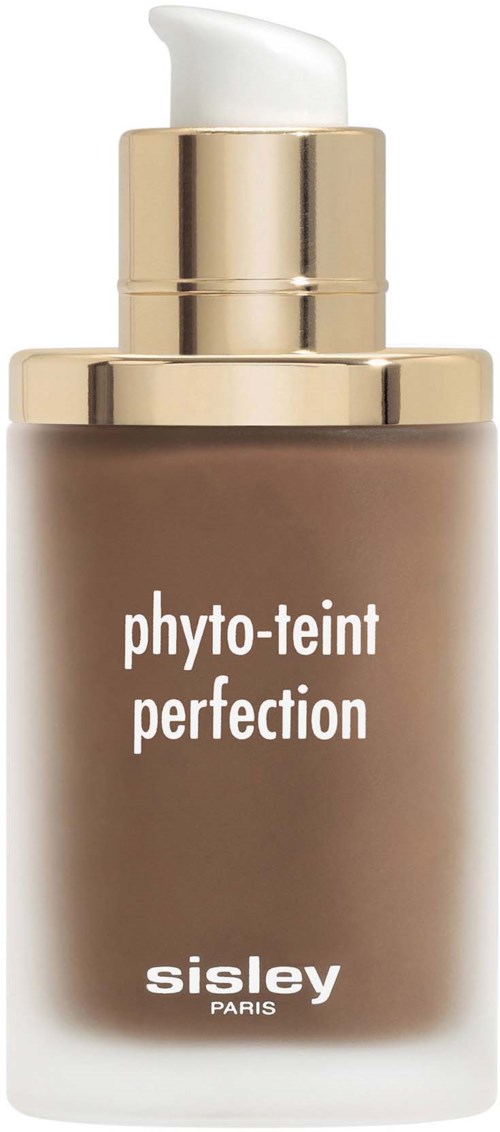 A brown bottle with a white pump, labeled 'phyto-teint perfection' by Sisley Paris.