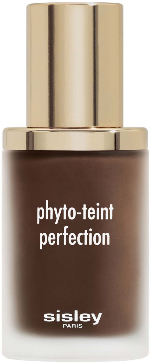 A brown cosmetic bottle with a gold cap labeled 'phyto-teint perfection' by Sisley Paris.