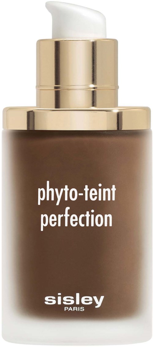 A brown makeup bottle with a white pump, labeled 'phyto-teint perfection' by Sisley Paris.