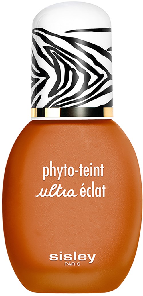 Ruskea kynsilakkapullo, jossa on zebra-kuvioinen musta ja valkoinen korkki. Teksti lukee 'phyto-teint ulta éclat for Sisley Paris.'