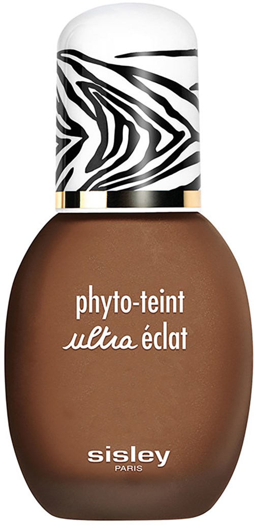 Ruskea meikkicosmetiikkapullo, jossa zebra-kuvioinen suutin, merkinnällä "phyto-teint ultra éclat" ja valmistaja Sisley Paris.