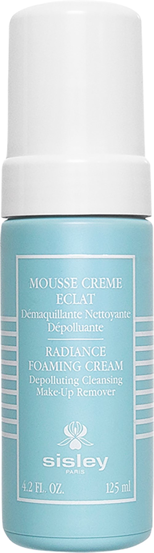 En ljusblå flaska med vit lock, märkt som Sisley's Radiance Foaming Cream för makeupborttagning.