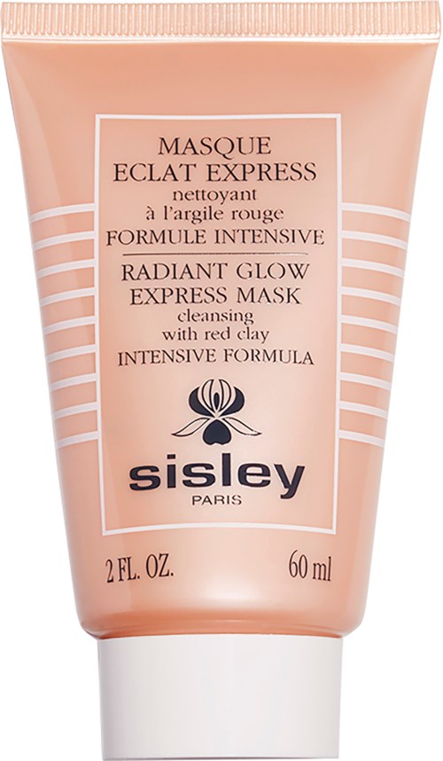 En peachfärgad tub med Sisley Radiant Glow Express Mask, 60 ml, med vita linjer och text om rengöring och lyster.