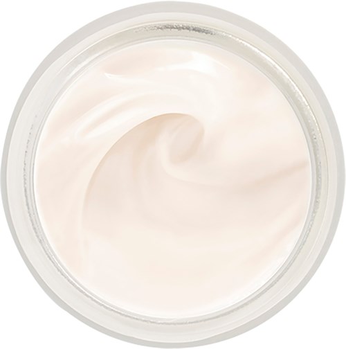 En burk med ljus, krämig lotion eller kräme med slät konsistens inuti.