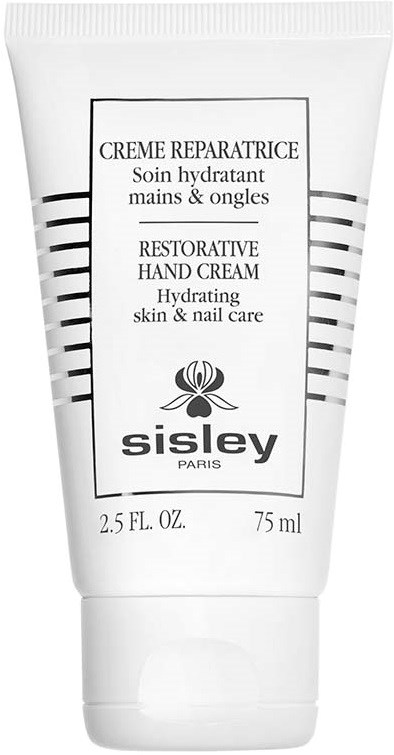 En hvit tuben med håndkrem med svarte linjer, tekst og logo, merket som fuktighetsgivende hånd- og neglepleie av Sisley.