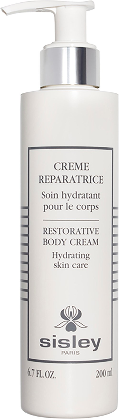 En vit flaska med pump, märkt som reparations kroppskräm av Sisley, Paris, 200 ml, för hudhydrering.