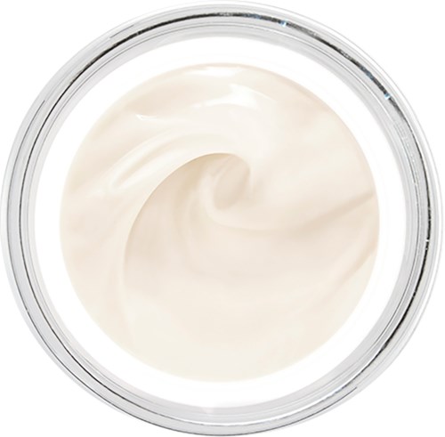 A jar of white cream or lotion, viewed from above, with a smooth, swirled surface.