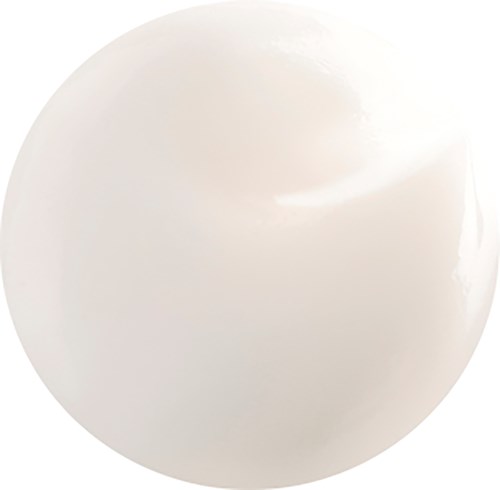 En glatt, hvit, skinnende, rund gjenstand, sannsynligvis en keramikk- eller plastball.