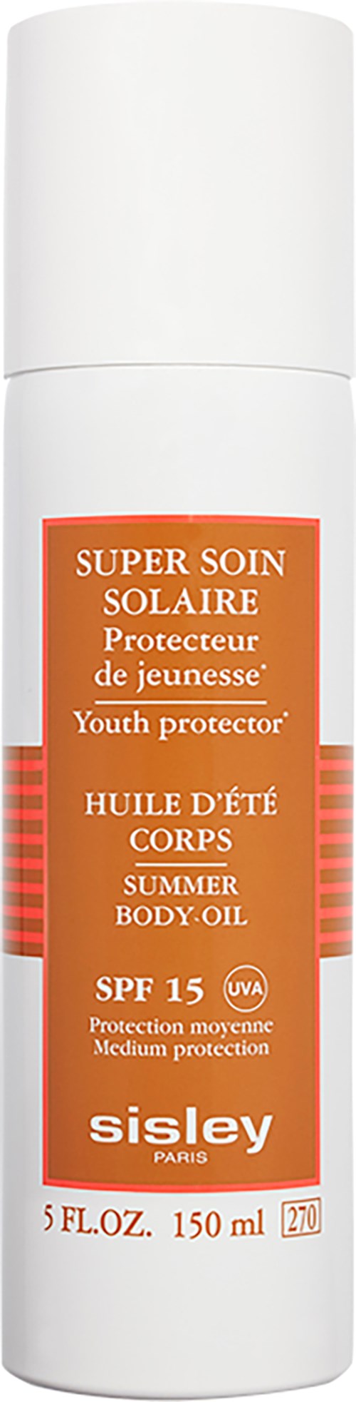 En vit solkrämflaska märkt "Super Soin Solaire" skyddar huden med SPF 15, för sommarbruk, av Sisley Paris.
