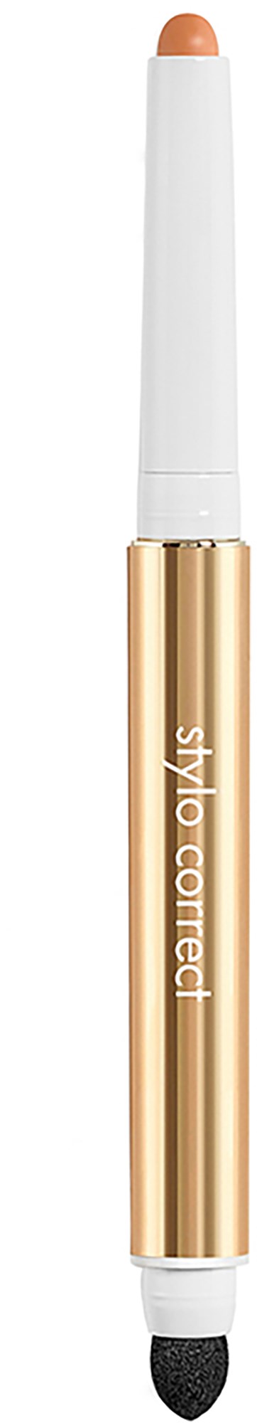 En hvid og guld dobbeltspids makeup pencil med en beige spids og en sort svampapplikator.