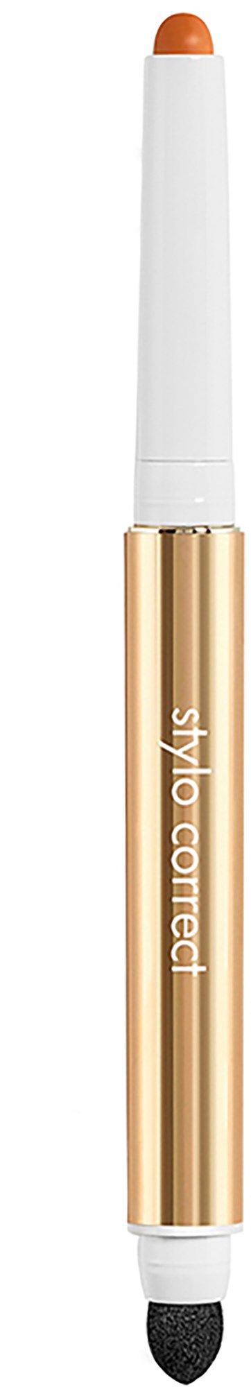 En makeup blyant med hvid og guldkrop, mærket 'stylo correct' og en brun spids.