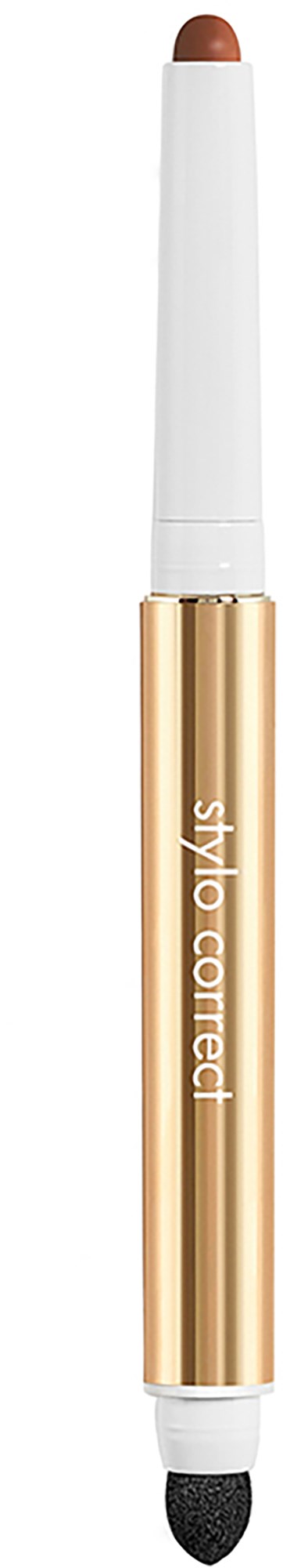 En hvid og gul eyeliner med indbygget svampepudse til blending, mærket 'style correct.'