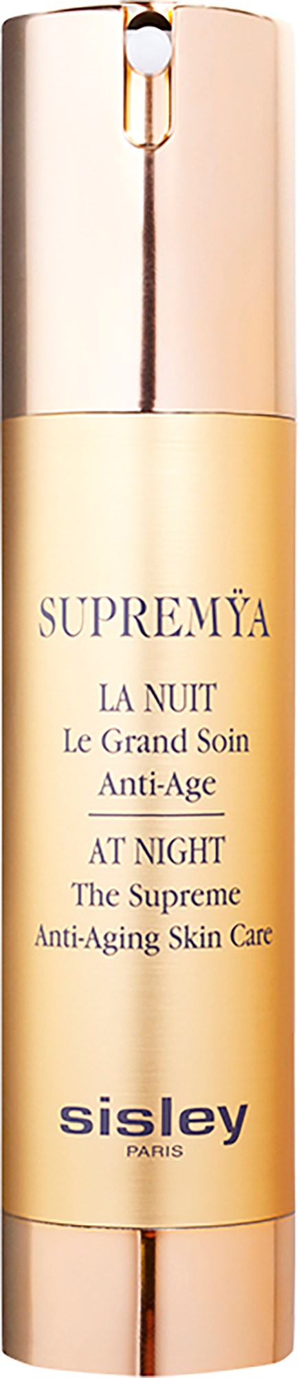 En lång, guld- och rosa flaska med Sisley Supremÿa nattanti-aging hudvårdsprodukt.