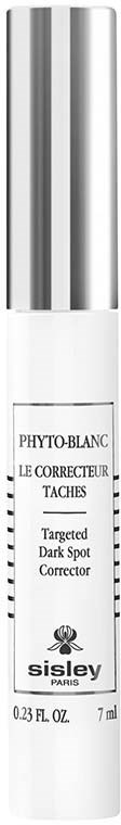 En vit flaska med silverlock märkt Sisley Phyto-Blanc, riktad mot mörka fläckar, med svart text och en liten bi-logga.