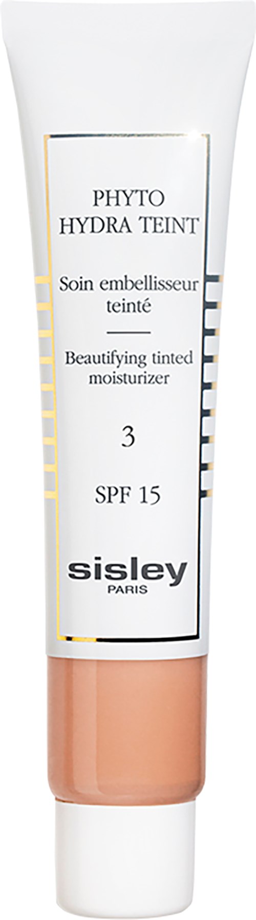 Sisley Paris sävyttävä kosteusvoide SPF 15, vaalean beigynvärinen putkilo ja valkoinen kansi.