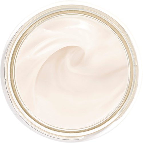 Cream in a jar, smooth texture, off-white color, shiny surface, no labels visible.