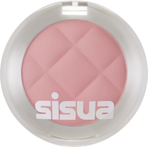 Vaaleanpunainen poskipuna, neliömäinen kuvio, pyöreässä astiassa, alareunassa teksti "sisu".
