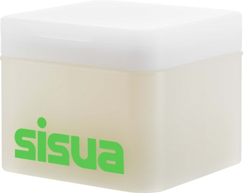 A white cube-shaped cosmetic or skincare container with a green logo reading 'sisu' on the side.