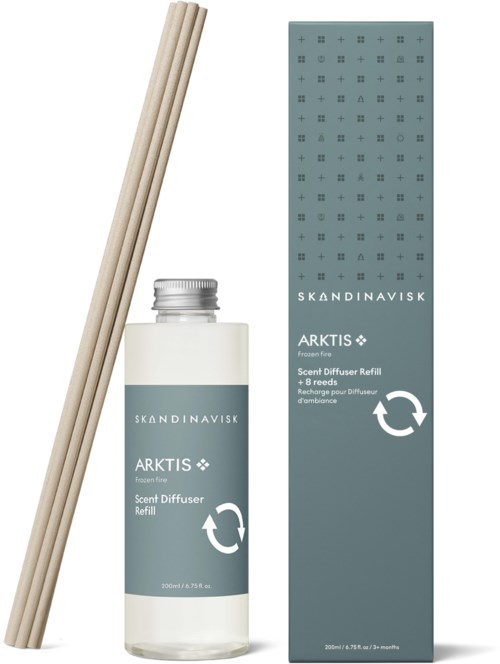 A scent diffuser refill bottle, two reed sticks, and a box for Scandinavian ARKTIS diffuser.